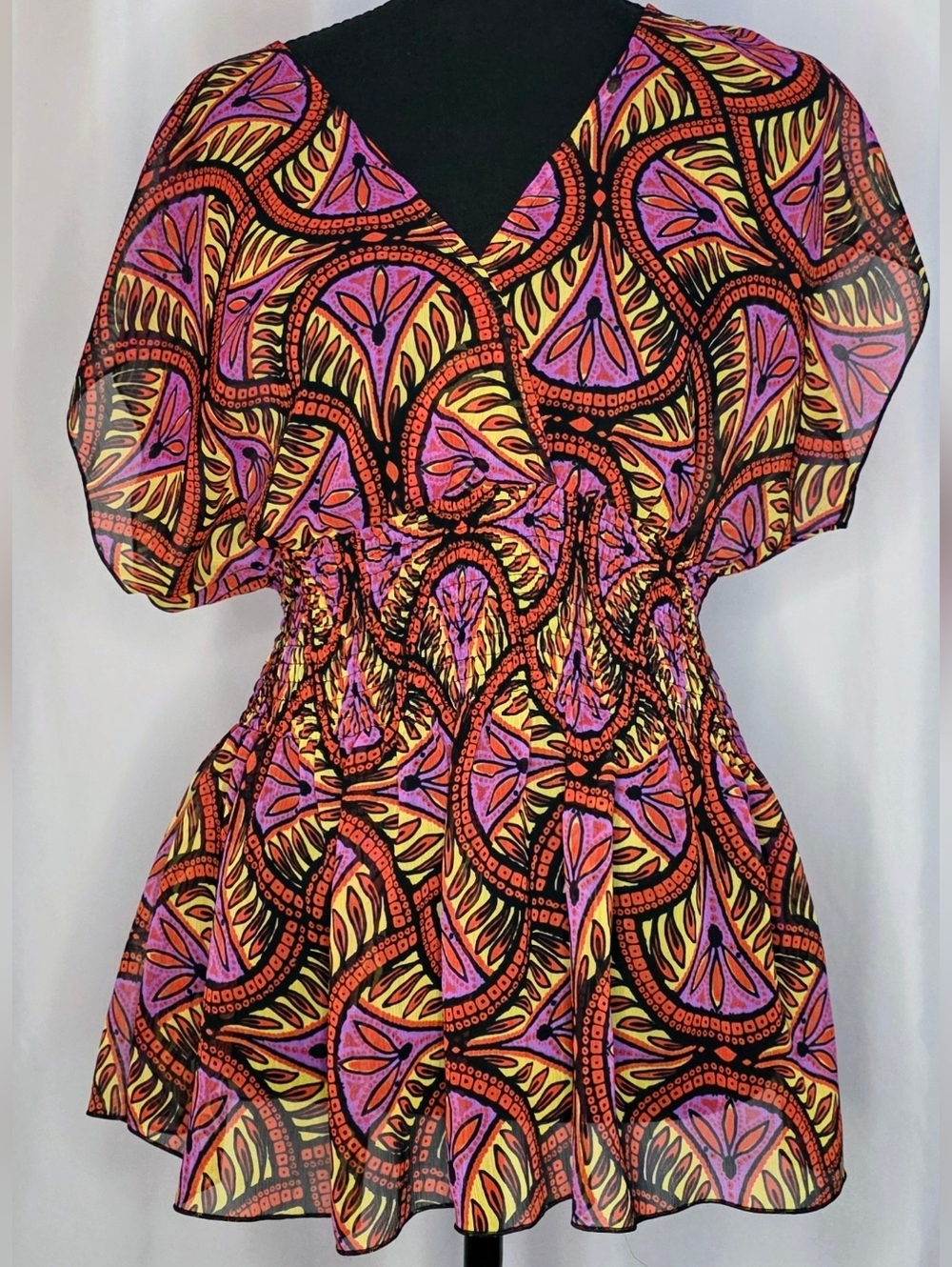 Bisou Bisou Blouse Women Large Multicolor Boho Sheer Peplum Top Cinched Waist